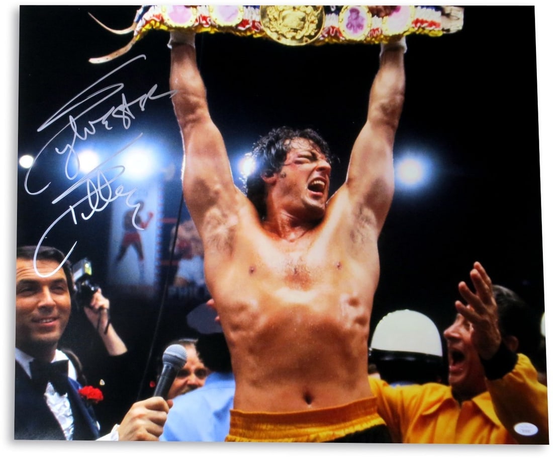 Sylvester Stallone Autographed 20x24 Rocky Balboa Photo JSA Certified: Sylvester Stallone Autographed 20x24 Rocky Balboa Photo JSA Certified Capture a piece of cinematic history with this autographed 20X24 photograph of Sylvester Stallone as Rocky Balboa. The signature h