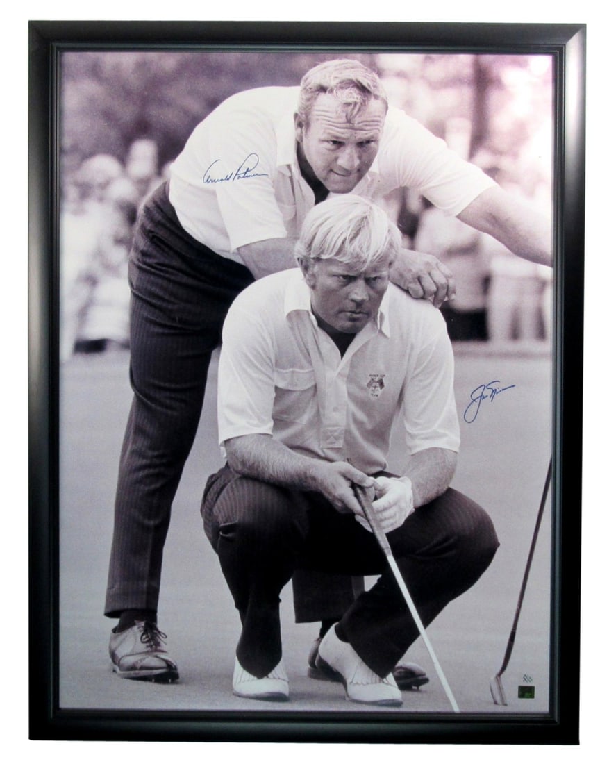Framed Oversized Photo Signed by Arnold Palmer and Jack Nicklaus: Framed Oversized Photo Signed by Arnold Palmer and Jack Nicklaus This framed oversized black and white photo features authentic signatures from both Arnold Palmer and Jack Nicklaus. The photograph is 
