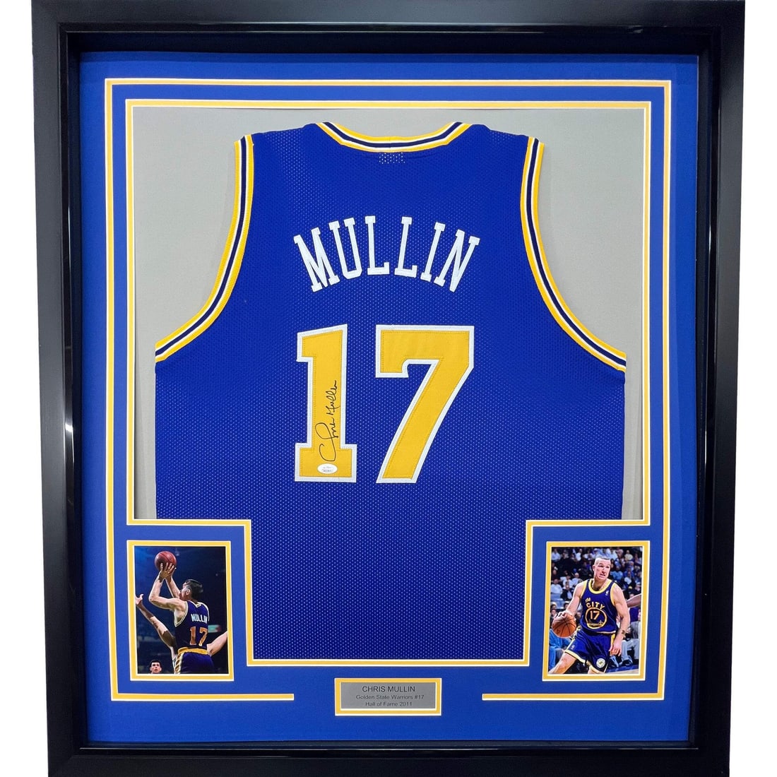 Framed Signed Chris Mullin Jersey 33x42 Golden State JSA COA: Framed Signed Chris Mullin Jersey 33x42 Golden State JSA COA This professionally framed and matted item features a signed Chris Mullin jersey from the Golden State Warriors, measuring 33"x42". The jer