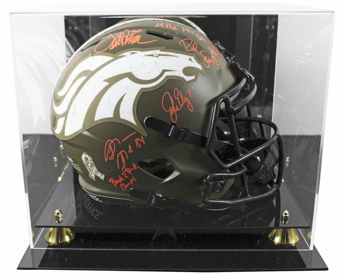 Signed Broncos Speed Replica Helmet Beckett Display Case: Signed Broncos Speed Replica Helmet Beckett Display Case This Denver Broncos full-size Riddell Speed Replica Alternate Salute To Service helmet is hand-signed by John Elway, Shannon Sharpe, Terrell Da