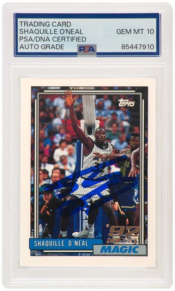 Shaquille O'Neal Signed 1992-93 Topps Rookie Card PSA/DNA GEM Mint 10: Shaquille O'Neal Signed 1992-93 Topps Rookie Card PSA/DNA GEM Mint 10 This is a Shaquille O'Neal signed 1992-93 Topps basketball rookie card #362 featuring the legendary player from the Orlando Magic.
