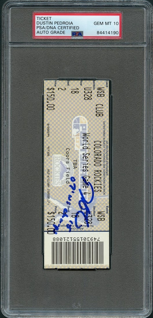 Dustin Pedroia 2007 World Series Game 4 Signed Ticket PSA 10 Auto: Dustin Pedroia 2007 World Series Game 4 Signed Ticket PSA 10 Auto This collectible item features a 2007 WORLD SERIES GAME 4 ticket signed by Dustin Pedroia, a key player for the Boston Red Sox. The ti