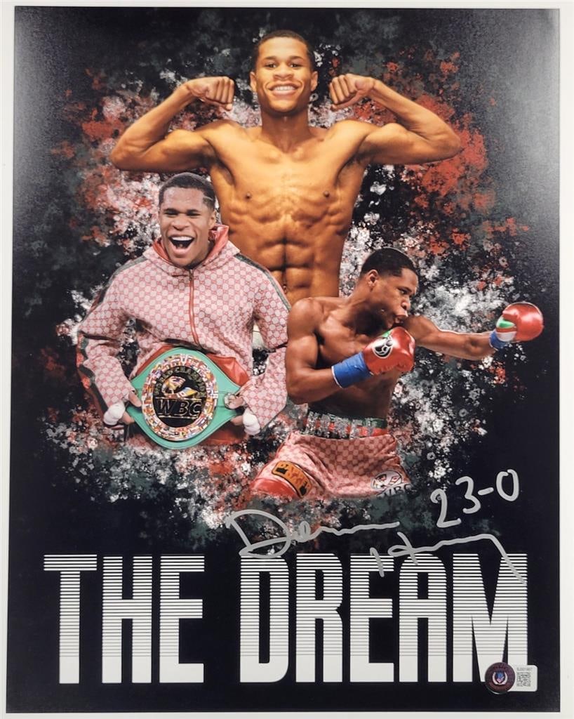 Devin Haney 11x14 Signed Boxing Photo 23-0 Beckett BAS: Devin Haney 11x14 Signed Boxing Photo 23-0 Beckett BAS This is an original signed 11x14 photo of professional boxer Devin Haney, featuring his notable record of 23 wins and no losses. The photo comes 