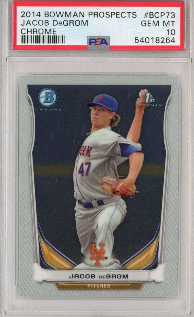 2014 Bowman Chrome Jacob DeGrom #BCP73 Rookie Card PSA 10 Graded: 2014 Bowman Chrome Jacob DeGrom #BCP73 Rookie Card PSA 10 Graded This is a graded 2014 Bowman Chrome Prospects rookie card featuring Jacob DeGrom, designated as BCP73. The card has received a perfect 