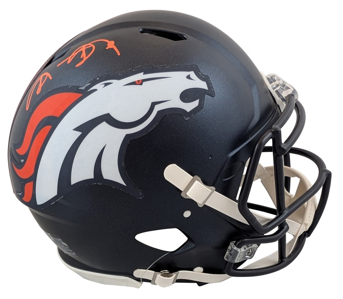 Shannon Sharpe Autographed Denver Broncos Full Size Speed Proline Helmet Beckett BAS: Shannon Sharpe Autographed Denver Broncos Full Size Speed Proline Helmet Beckett BAS This authentic full size Speed Proline helmet is personally signed by Shannon Sharpe of the Denver Broncos. The aut