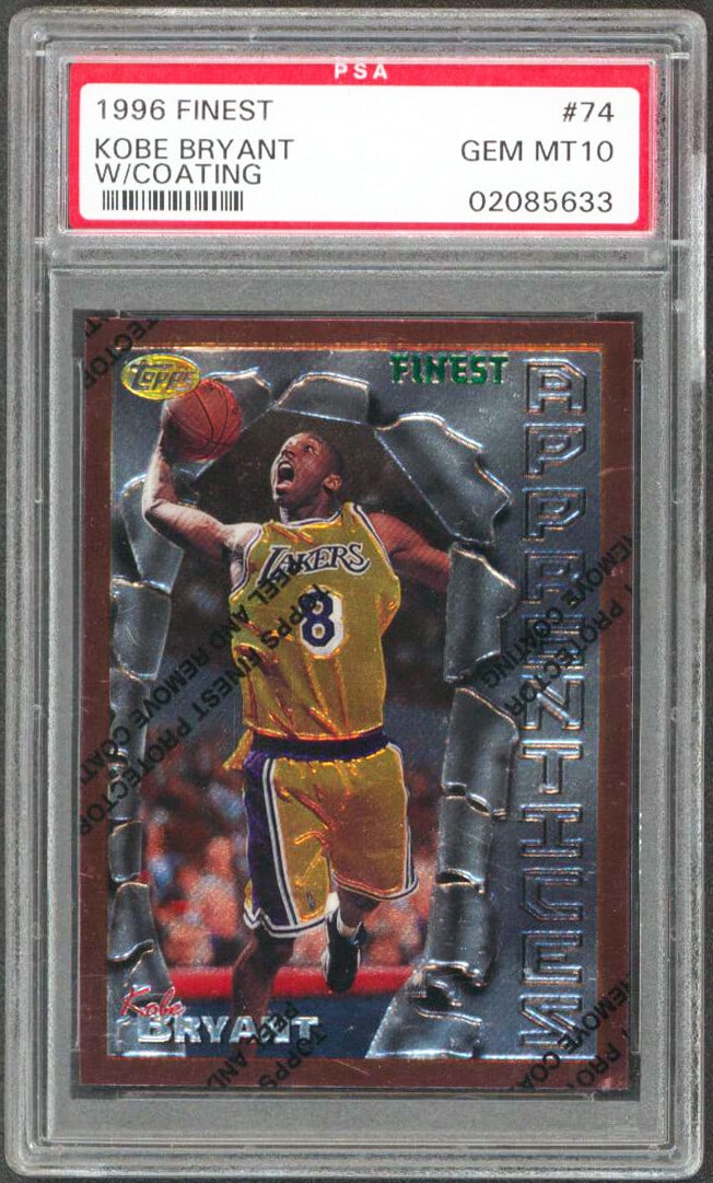 PSA 10 Gem Mint Kobe Bryant 1996 Topps Finest Rookie With Coating #74: PSA 10 Gem Mint Kobe Bryant 1996 Topps Finest Rookie With Coating #74 This is a 1996 Topps Finest #74 Kobe Bryant rookie card featuring the original protective coating. The card is professionally grad