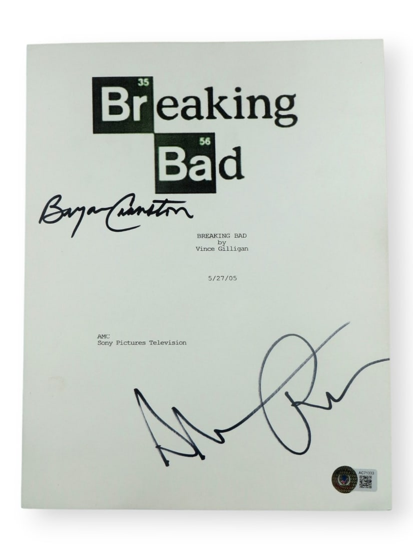 Bryan Cranston Aaron Paul Dual Signed Script Cover Breaking Bad BAS: Bryan Cranston Aaron Paul Dual Signed Script Cover Breaking Bad BAS This original script cover from the iconic series Breaking Bad features dual autographs from stars Bryan Cranston and Aaron Paul. It