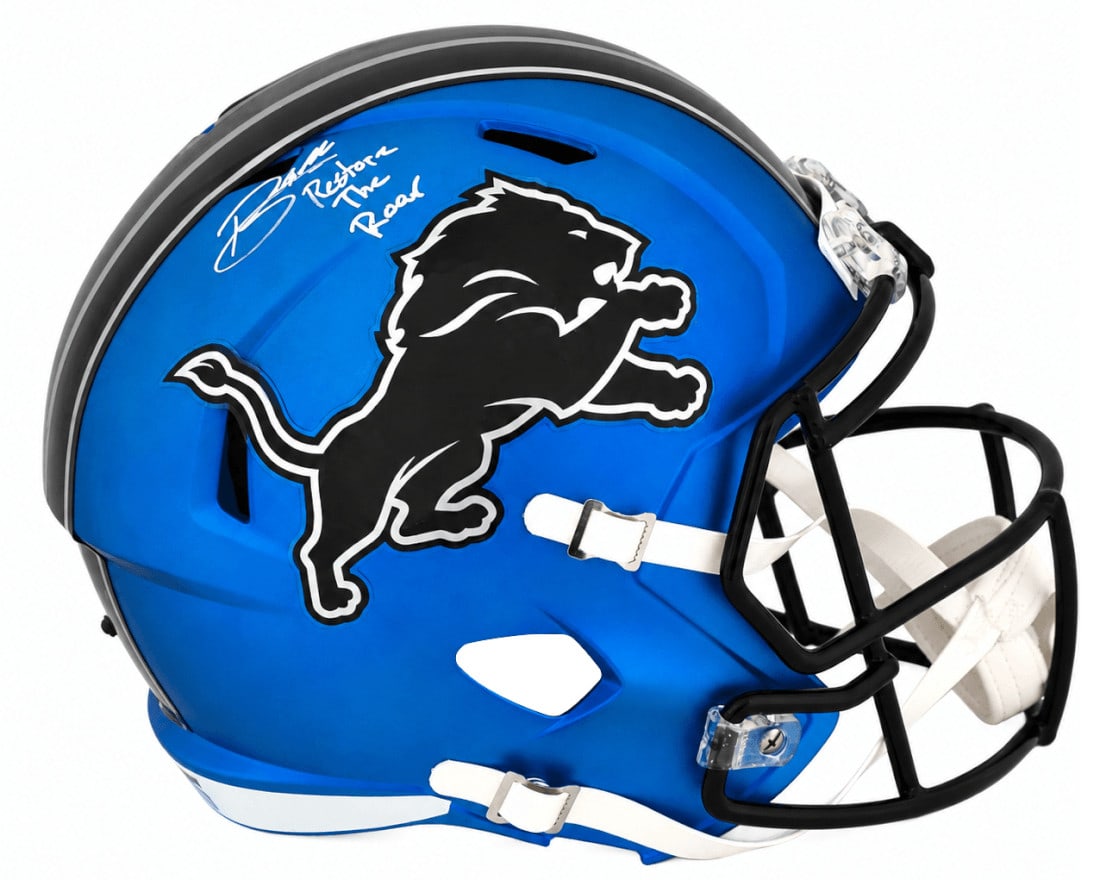 Detroit Lions 2024 alternate full size replica helmet signed by Blake Miller: Detroit Lions 2024 alternate full size replica helmet signed by Blake Miller This is an original signed Detroit Lions 2024 alternate blue Riddell full size speed replica helmet by Blake Miller, featur