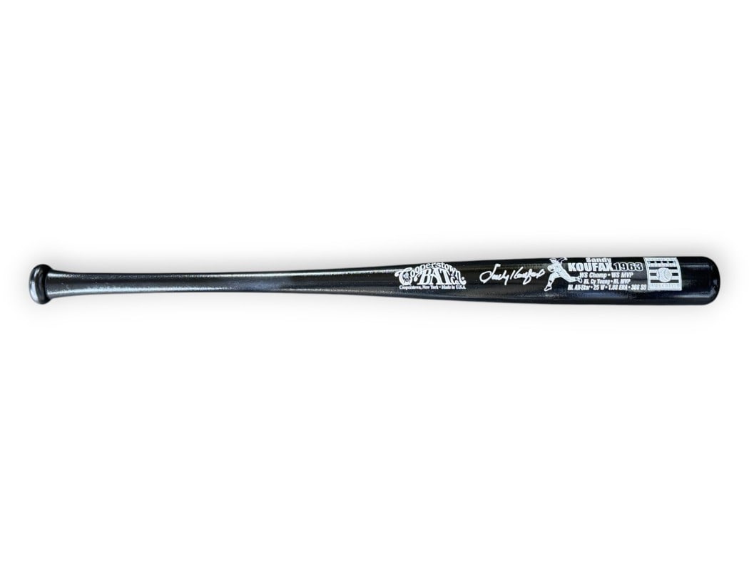 Sandy Koufax Signed Cooperstown HOF Bat Dodgers Beckett Authenticated: Sandy Koufax Signed Cooperstown HOF Bat Dodgers Beckett Authenticated This is an original Sandy Koufax signed Cooperstown Hall of Fame stat bat, featuring the legendary pitcher's statistics and accomp