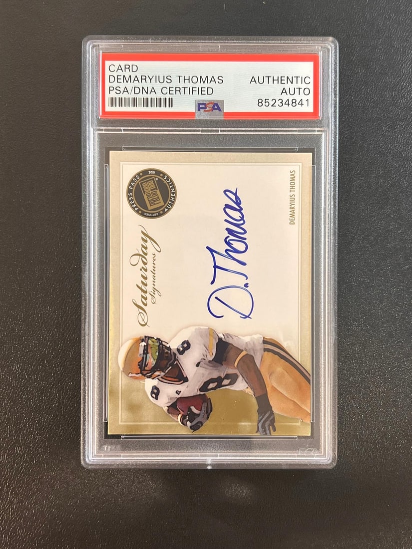 2010 Press Pass Authentics Demaryius Thomas Signed Card PSA Slabbed: 2010 Press Pass Authentics Demaryius Thomas Signed Card PSA Slabbed This is a 2010 Press Pass Authentics #SS-DT sports trading card featuring Demaryius Thomas, a prominent player for the Denver Bronco