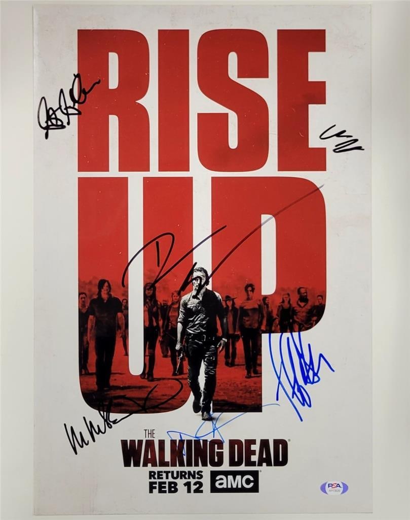 The Walking Dead Cast Signed 12x18 Photo with PSA Authentication: The Walking Dead Cast Signed 12x18 Photo with PSA Authentication This original 12x18 photo features six cast members from the popular show The Walking Dead, including an autograph from Norman Reedus. 