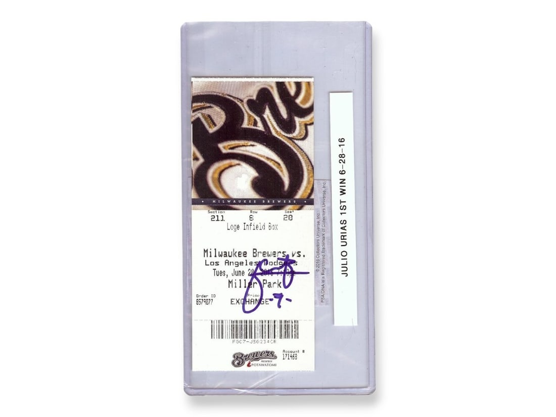 Julio Urias Autographed Ticket Stub Dodgers First Win 6/28/16 PSA (1 of 2)