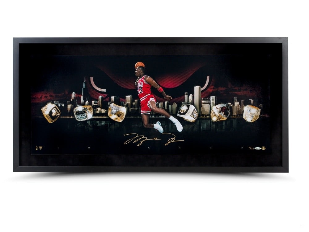 Michael Jordan Autographed Framed Photo Limited to 123 Chicago Bulls: Michael Jordan Autographed Framed Photo Limited to 123 Chicago Bulls Celebrate the legacy of basketball legend Michael Jordan with this stunning autographed framed photo. Measuring 36" x 15", this lim