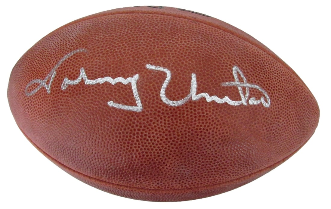 Wilson NFL Leather Ball Signed by Johnny Unitas with JSA Authentication: Wilson NFL Leather Ball Signed by Johnny Unitas with JSA Authentication This is an original Wilson NFL leather football autographed by Hall of Famer Johnny Unitas of the Baltimore Colts. The football 