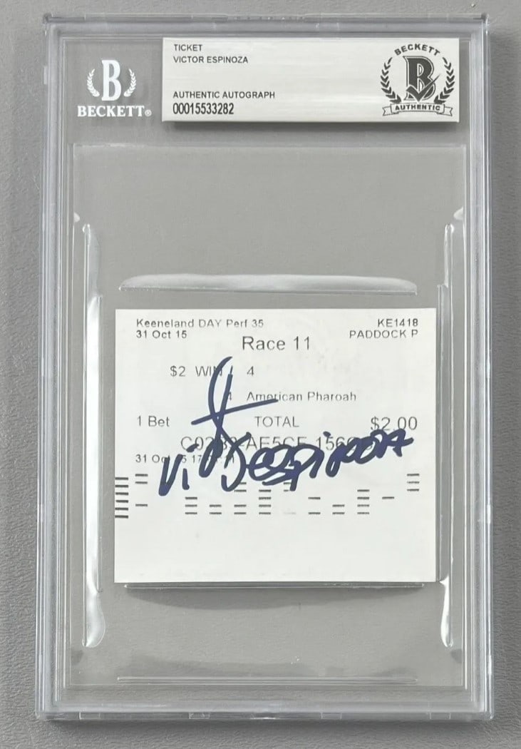 Victor Espinoza Signed Bet Ticket Beckett Authenticated Horse Racing: Victor Espinoza Signed Bet Ticket Beckett Authenticated Horse Racing This is an original bet ticket stub from the Breeders Cup, featuring the autograph of renowned jockey Victor Espinoza, known for ri