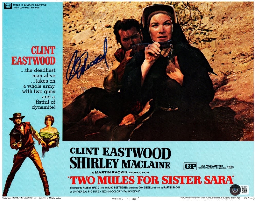Clint Eastwood Autographed 11x14 Photo with Beckett Authentication: Clint Eastwood Autographed 11x14 Photo with Beckett Authentication This is an original 11x14 photograph signed by the legendary Clint Eastwood, featuring a memorable scene from 'Two Mules for Sister S