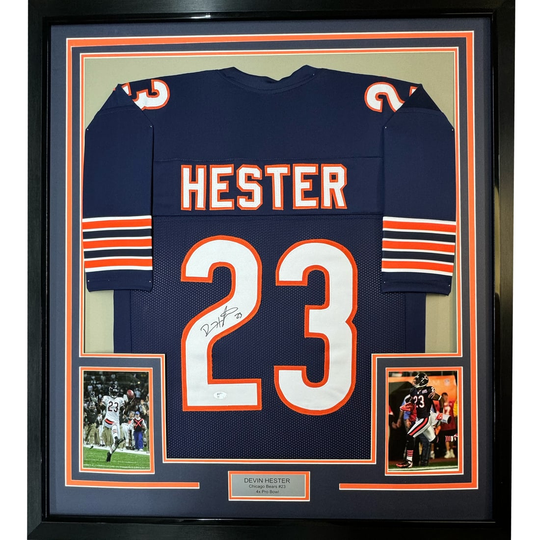 Framed Devin Hester Autographed Chicago Bears Jersey with JSA COA: Framed Devin Hester Autographed Chicago Bears Jersey with JSA COA Celebrate the legacy of NFL star Devin Hester with this professionally framed and autographed Chicago Bears jersey. The jersey is acco
