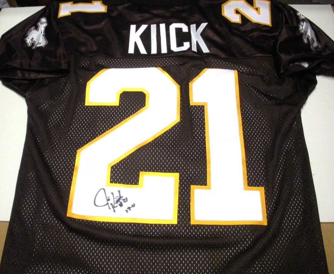 Jim Kiick Autographed Miami Dolphins Jersey With COA Official NFL Team Apparel: Jim Kiick Autographed Miami Dolphins Jersey With COA Official NFL Team Apparel This is an official licensed team wear jersey signed by Jim Kiick of the Miami Dolphins and Wyoming, accompanied by a cer
