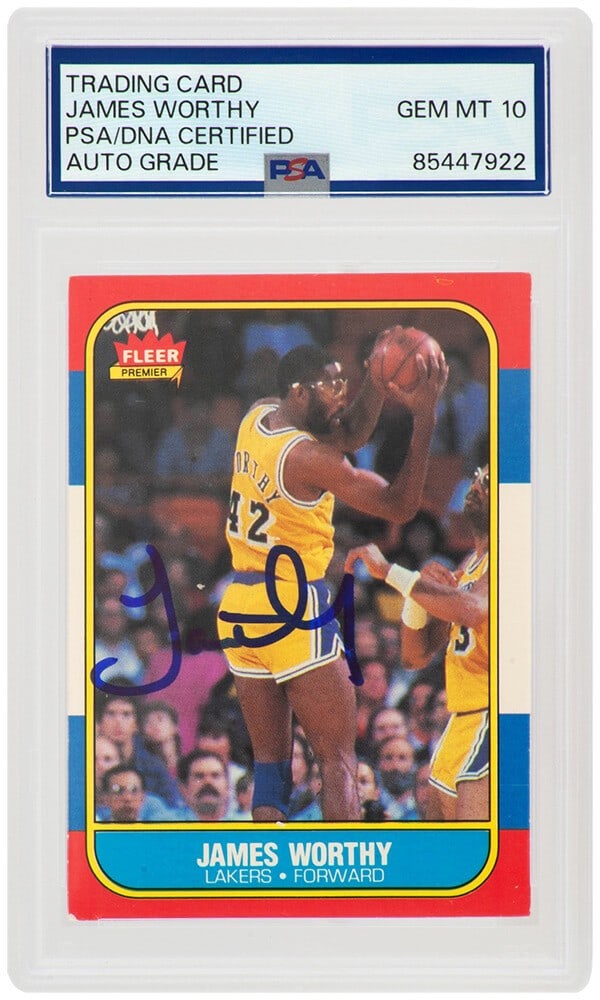 James Worthy Signed Lakers 1986 Fleer Rookie Card #131 PSA/DNA Auto GEM Mint 10: James Worthy Signed Lakers 1986 Fleer Rookie Card #131 PSA/DNA Auto GEM Mint 10 This is a James Worthy signed Los Angeles Lakers 1986-87 Fleer rookie basketball trading card #131. The autograph has be