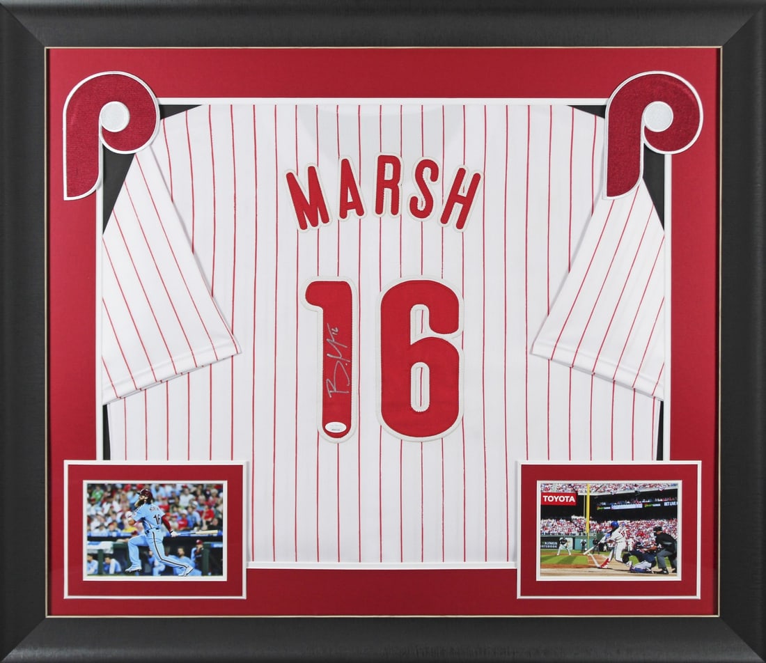 Brandon Marsh signed framed Phillies white pinstripe jersey JSA Witness (1 of 2)