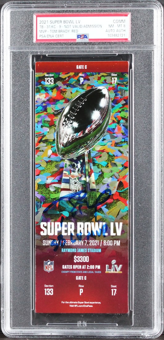 Tom Brady Signed Super Bowl LV Ticket Stub PSA/DNA NM-MT 8: Tom Brady Signed Super Bowl LV Ticket Stub PSA/DNA NM-MT 8 Celebrate a moment in sports history with this autographed 2021 Super Bowl LV ticket stub, personally signed by the legendary Tom Brady. This