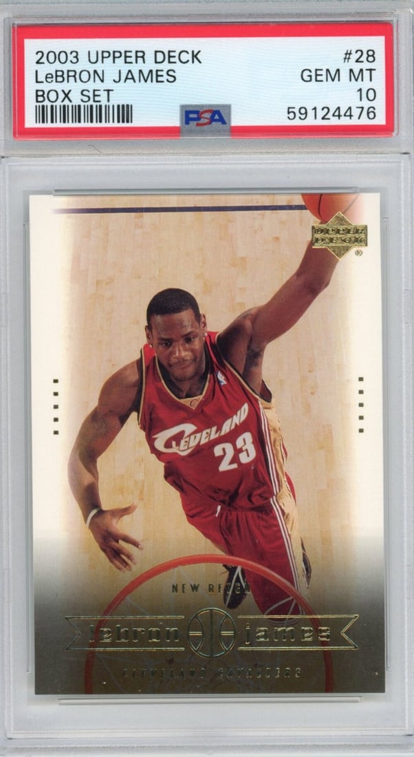 2003-04 Upper Deck LeBron James #28 Rookie Card PSA 10: 2003-04 Upper Deck LeBron James #28 Rookie Card PSA 10 This is a graded 2003-04 Upper Deck LeBron James #28 Box Set Rookie basketball card, professionally authenticated by PSA and graded at a perfect 