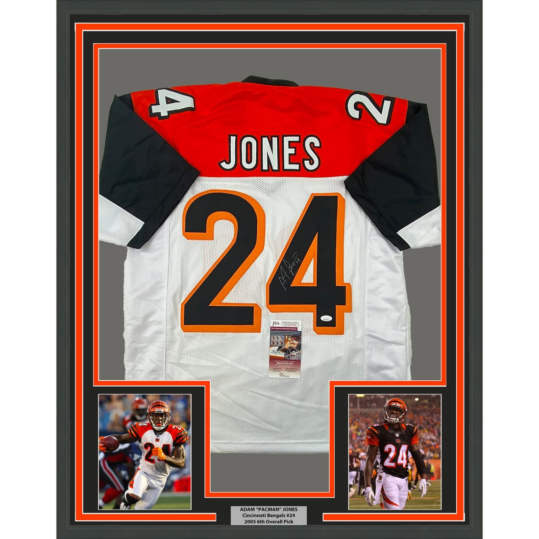 Framed Adam Pacman Jones Autographed Jersey with JSA COA 33x42: Framed Adam Pacman Jones Autographed Jersey with JSA COA 33x42 This professionally framed and matted Adam Pacman Jones football jersey is a must-have for any NFL fan. The jersey is an original piece a
