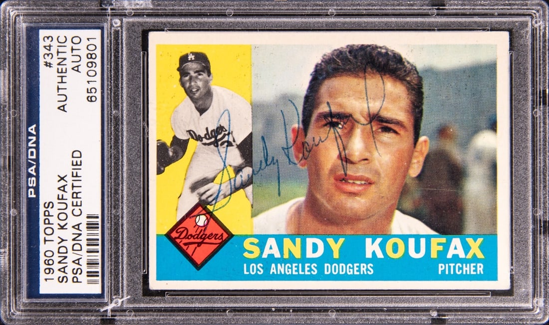 Sandy Koufax Autographed 1960 Topps Card PSA DNA Authenticated #343: Sandy Koufax Autographed 1960 Topps Card PSA DNA Authenticated #343 This is a 1960 Topps Sandy Koufax baseball card (#343) featuring an authentic hand-signed autograph by Sandy Koufax. The card has be
