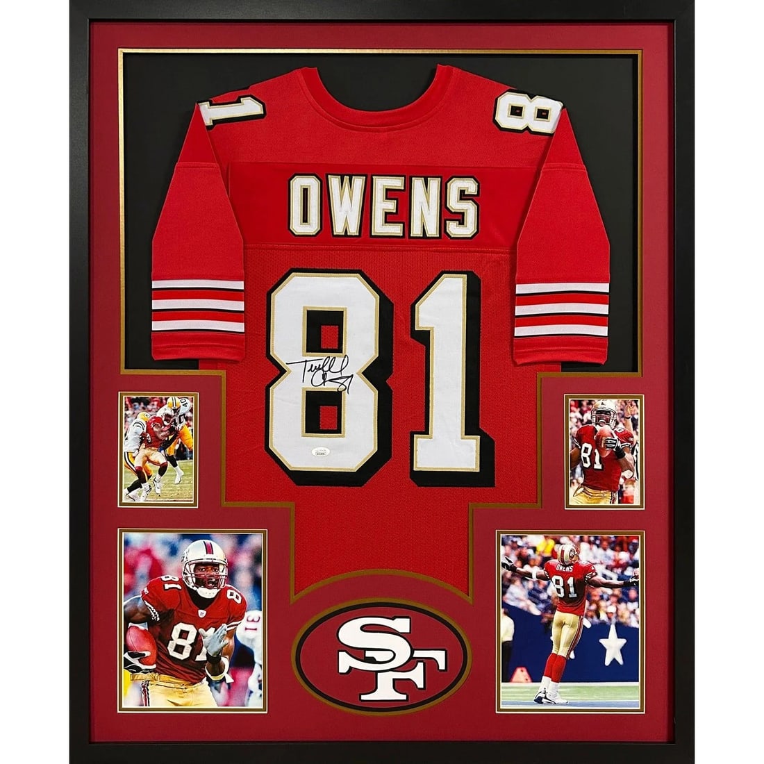 Terrell Owens Autographed Framed Jersey San Francisco 49ers JSA Certified 42x34: Terrell Owens Autographed Framed Jersey San Francisco 49ers JSA Certified 42x34 This autographed Terrell Owens framed jersey is a must-have for any San Francisco 49ers fan. Authenticated by JSA, a lea