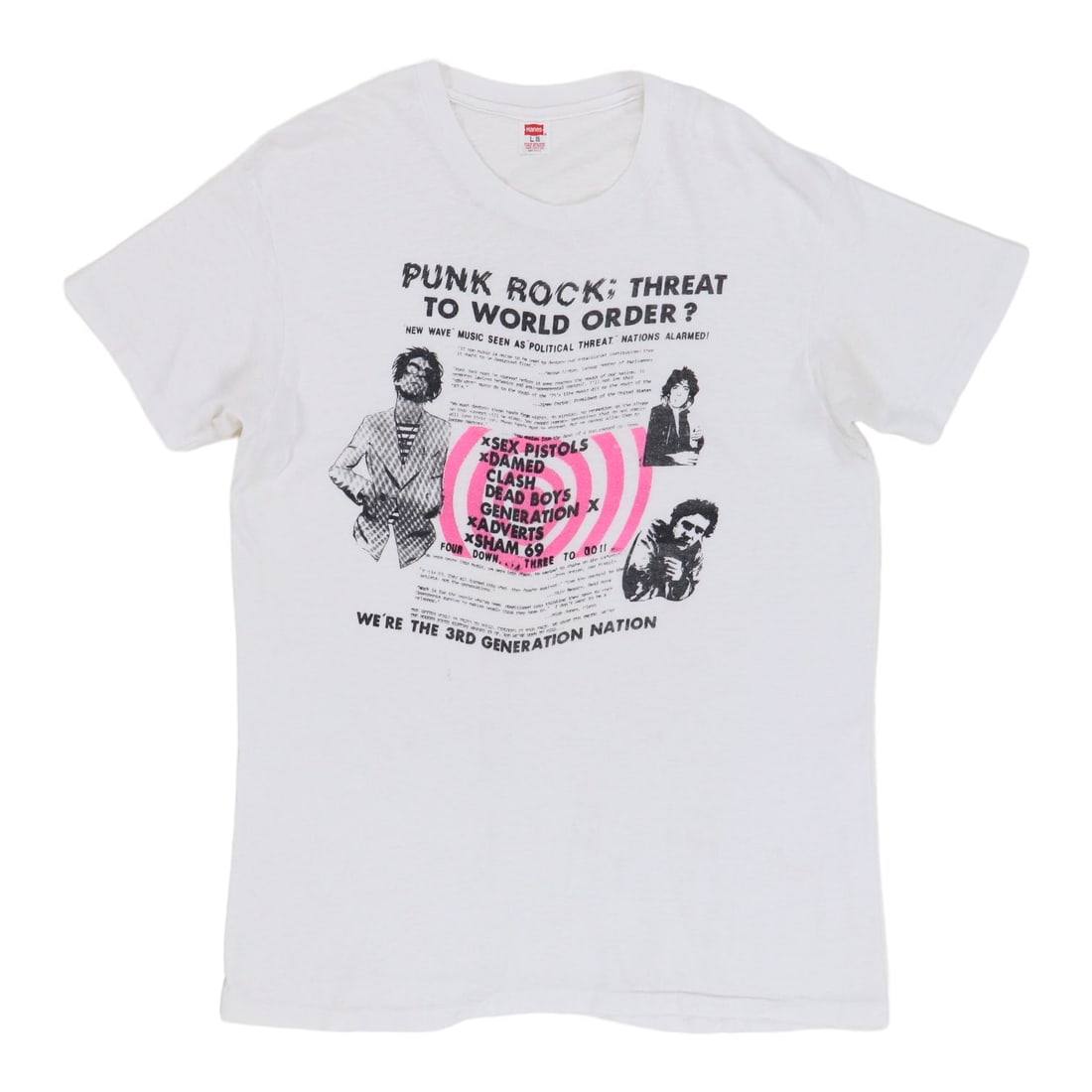 Vintage White 1970s Punk Rock Threat To World Order Cotton T Shirt: Vintage White 1970s Punk Rock Threat To World Order Cotton T Shirt This is an original vintage 1970s Punk Rock Threat To World Order shirt. The shirt is made from 100% cotton in white and features no 