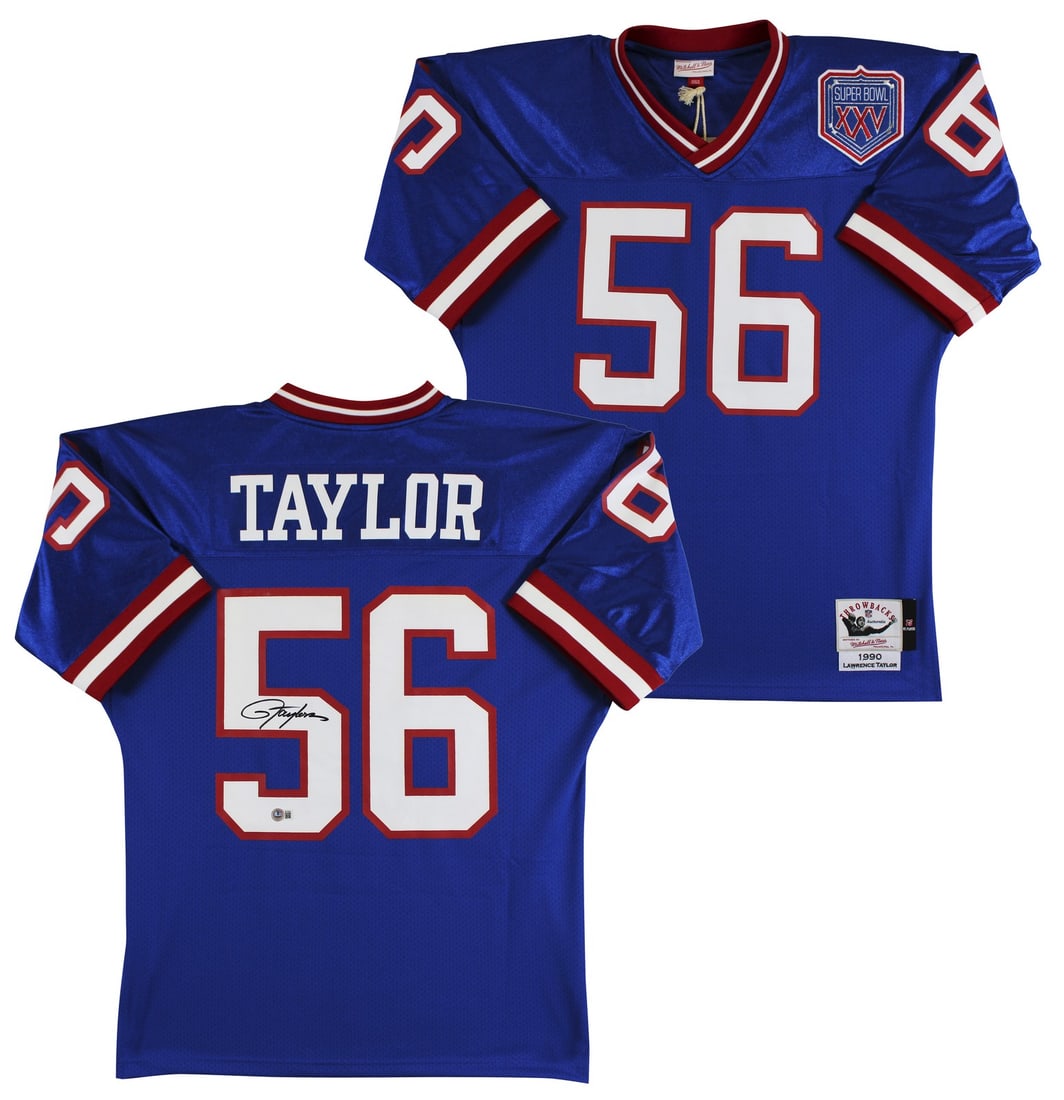 Lawrence Taylor Autographed 1990 Giants Blue Mitchell Ness Throwback Jersey BAS Authenticated: Lawrence Taylor Autographed 1990 Giants Blue Mitchell Ness Throwback Jersey BAS Authenticated This 1990 blue Mitchell & Ness Throwback Super Bowl XXV Patch authentic jersey is personally signed by Law