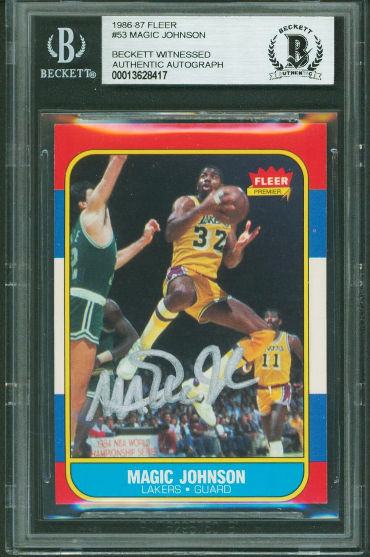 Magic Johnson Signed 1986 Fleer #53 Card Los Angeles Lakers Beckett Authenticated: Magic Johnson Signed 1986 Fleer #53 Card Los Angeles Lakers Beckett Authenticated This authentic autographed 1986 Fleer #53 card showcases the legendary Magic Johnson of the Los Angeles Lakers. The ca