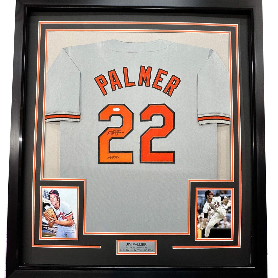 Jim Palmer framed Baltimore Orioles grey jersey JSA COA 33x42: Jim Palmer framed Baltimore Orioles grey jersey JSA COA 33x42 This professionally framed and matted Baltimore grey jersey features the autograph of Jim Palmer, authenticated by James Spence Authentica