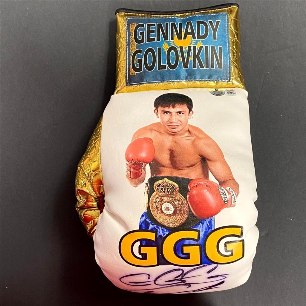 Autographed Custom Boxing Glove by Gennady Golovkin with Beckett BAS Authentication: Autographed Custom Boxing Glove by Gennady Golovkin with Beckett BAS Authentication This is a custom boxing glove autographed by Gennady Golovkin, also known as GGG. The signature is authenticated by 