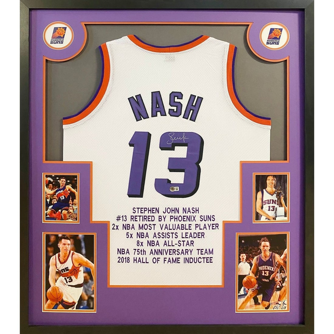 Framed Steve Nash Phoenix Suns Jersey Signed With Beckett Authentication: Framed Steve Nash Phoenix Suns Jersey Signed With Beckett Authentication This framed Phoenix Suns jersey is autographed by Steve Nash and authenticated by Beckett, featuring a tamper-proof sticker for
