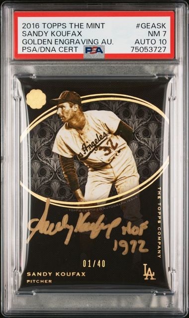 Sandy Koufax 2016 Topps The Mint Golden Engraving #GEASK PSA 10 Auto Limited Edition 01/40: Sandy Koufax 2016 Topps The Mint Golden Engraving #GEASK PSA 10 Auto Limited Edition 01/40 This is a highly sought-after 2016 Topps The Mint Golden Engraving card featuring the legendary Sandy