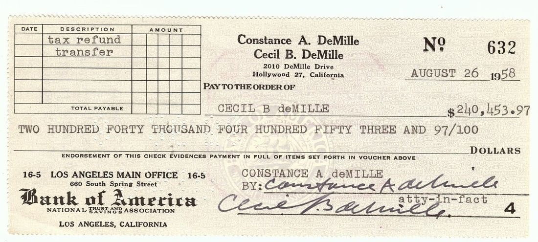 Cecil B DeMille signed Hollywood bank check JSA authenticated (1 of 3)