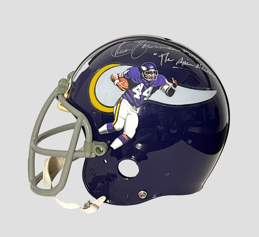 Hand Painted Full Size Riddell TK Helmet Signed by Chuck Foreman PSA/DNA: Hand Painted Full Size Riddell TK Helmet Signed by Chuck Foreman PSA/DNA This is a full-size Riddell TK Suspension Throwback 2-bar purple football helmet that has been hand painted and signed by Chuck