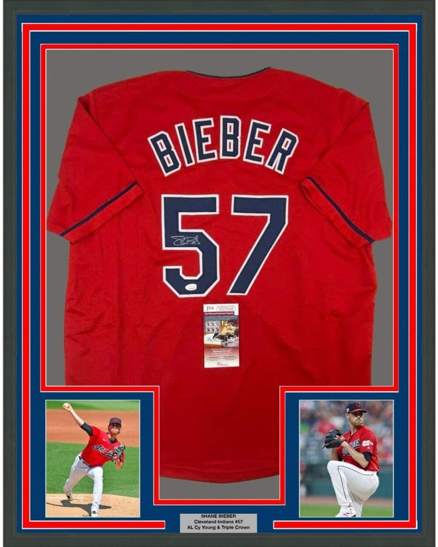 Framed Autographed Shane Bieber Cleveland Indians Jersey JSA COA 33x42 (1 of 2)