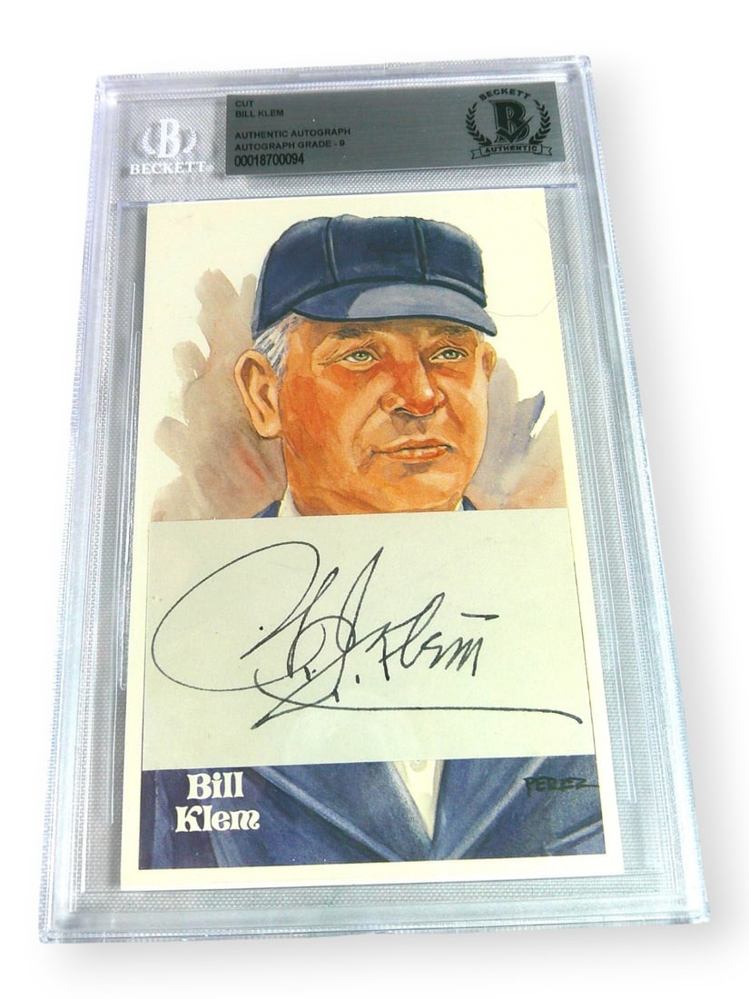 Bill Klem Cut Signature With Postcard Beckett Authenticated Hall of Fame Auto: Bill Klem Cut Signature With Postcard Beckett Authenticated Hall of Fame Auto This item features an original Bill Klem autographed cut signature, accompanied by a postcard. The cut signature is authen