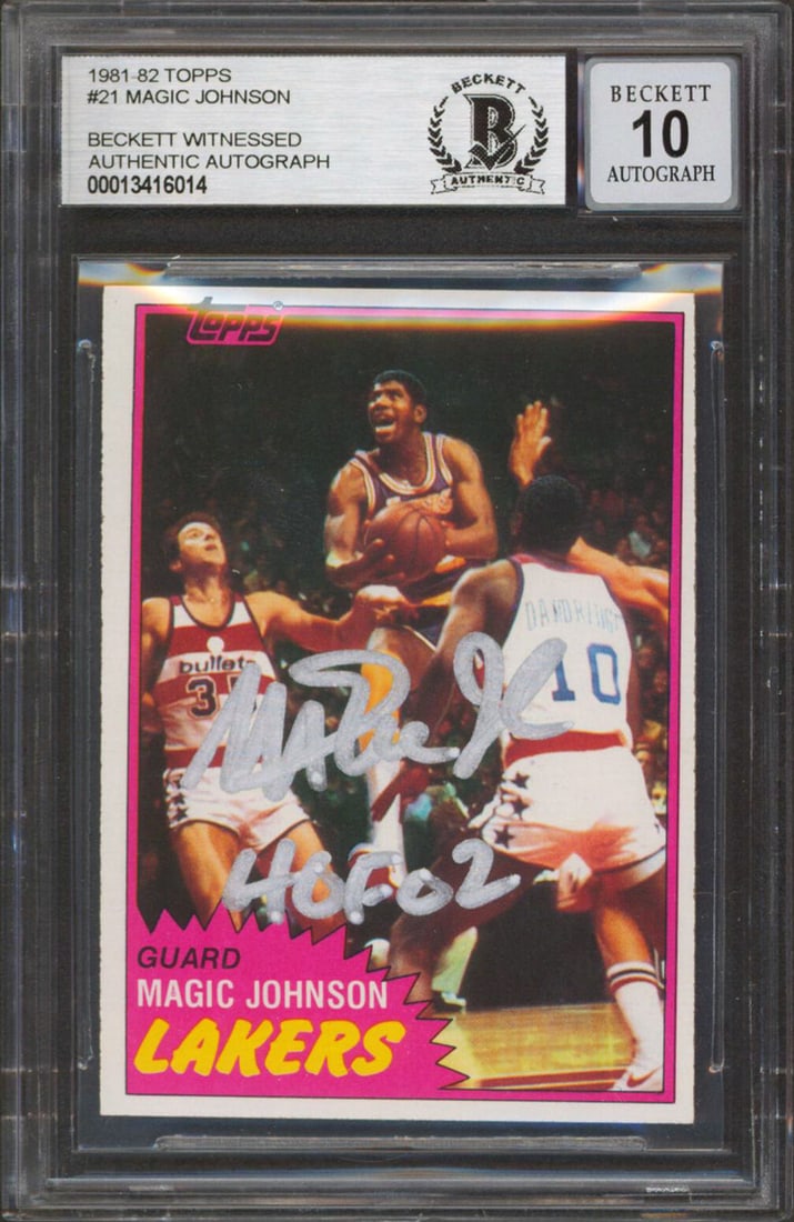Magic Johnson Signed 1981 Topps #21 Card HOF 02 Gem Mint 10 BAS Slabbed: Magic Johnson Signed 1981 Topps #21 Card HOF 02 Gem Mint 10 BAS Slabbed This is a remarkable 1981 Topps #21 basketball card featuring Magic Johnson, personally signed with the inscription "HOF 02". Gr