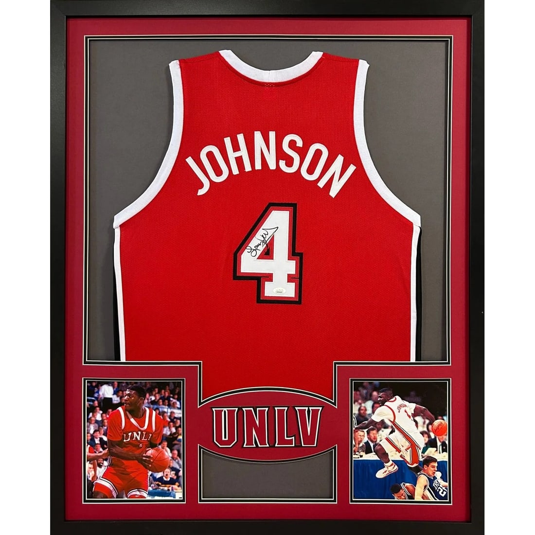 Larry Johnson Signed Framed Jersey Autographed JSA UNLV 42x34: Larry Johnson Signed Framed Jersey Autographed JSA UNLV 42x34 This is a framed autographed jersey of Larry Johnson, featuring a high-quality presentation that highlights the iconic UNLV logo. Authenti