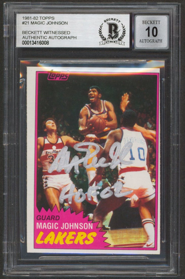 Magic Johnson Signed 1981 Topps Card With HOF 02 Inscription Beckett Auto 10: Magic Johnson Signed 1981 Topps Card With HOF 02 Inscription Beckett Auto 10 This 1981 Topps #21 basketball card features Magic Johnson of the Los Angeles Lakers and has been personally signed with th