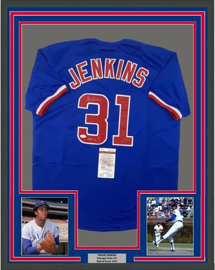Framed Fergie Jenkins Signed Chicago Cubs Blue Jersey JSA COA 33x42: Framed Fergie Jenkins Signed Chicago Cubs Blue Jersey JSA COA 33x42 This is a framed blue jersey autographed by Fergie Jenkins, featuring his Hall of Fame induction year (HOF 91). The jersey includes 