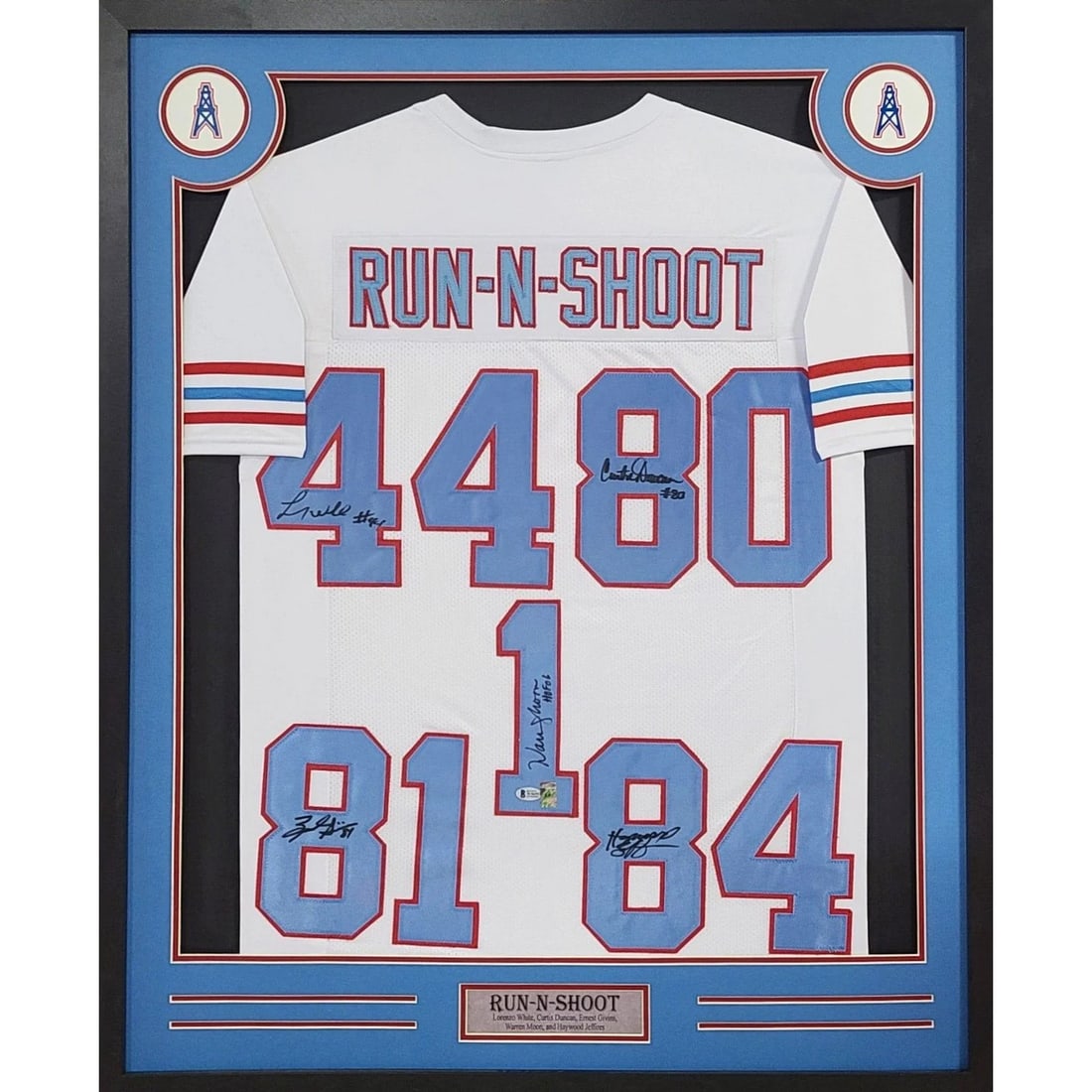 Houston Oilers Framed Signed Jersey Beckett Authenticated Run & Shoot Offense (1 of 2)