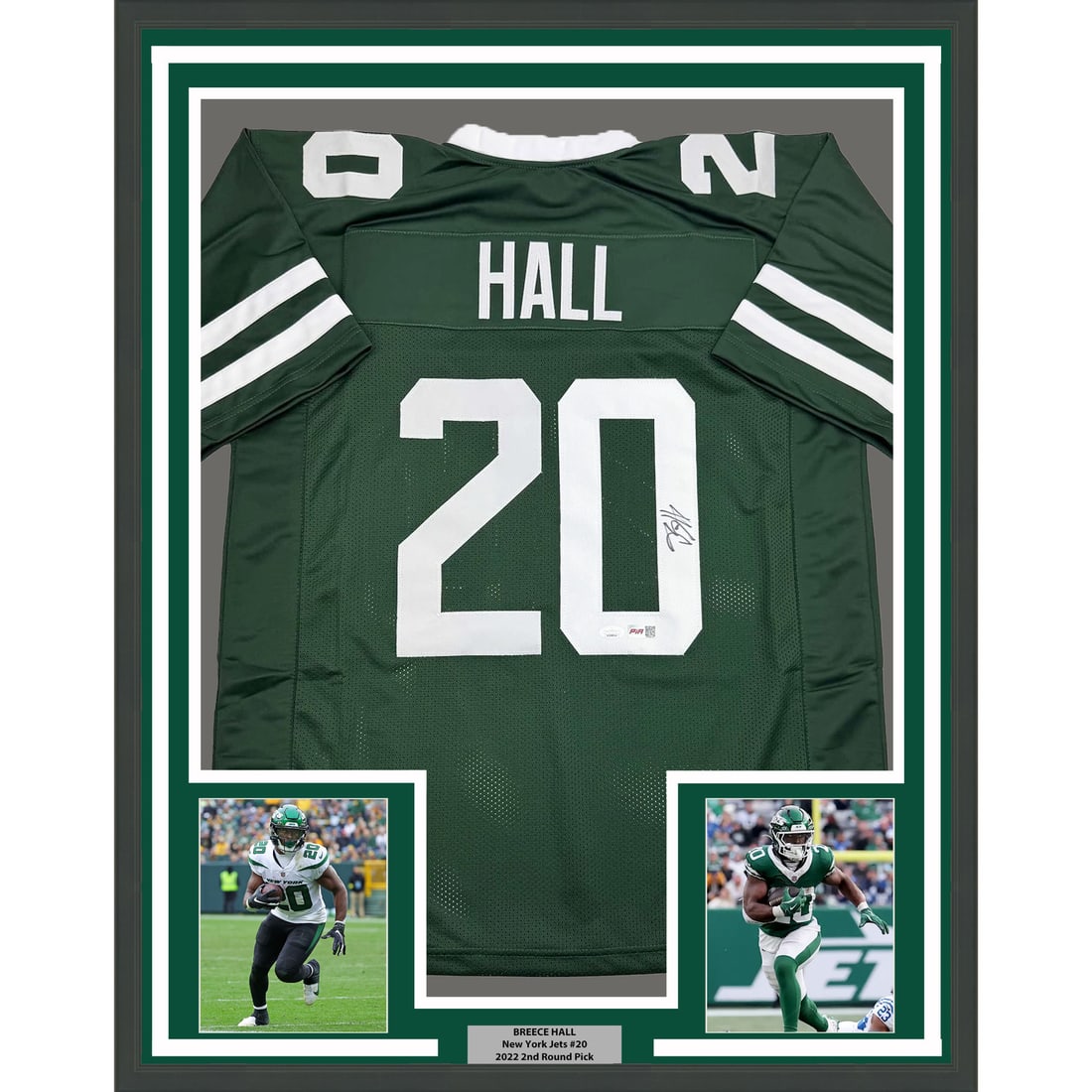 Framed Breece Hall Signed Jersey 35x39 New York Jets JSA COA: Framed Breece Hall Signed Jersey 35x39 New York Jets JSA COA This professionally framed and matted display features an authentic autographed New York Jets green jersey signed by Breece Hall. The jerse