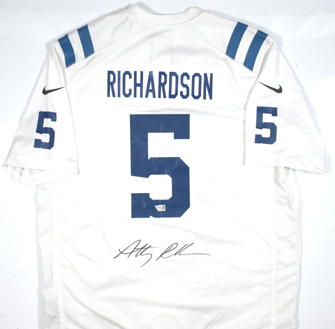 Anthony Richardson Autographed Colts White Nike Game Jersey Fanatics: Anthony Richardson Autographed Colts White Nike Game Jersey Fanatics This is an Indianapolis Colts white Nike Game Jersey signed by Anthony Richardson. The jersey is an original item and has been auth
