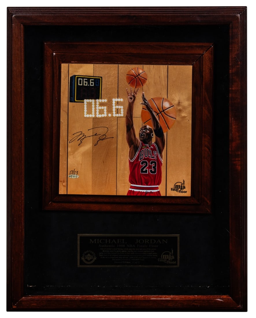 Game-used Delta Center floor piece Michael Jordan signed UDA JSA COA 17 of 23: Game-used Delta Center floor piece Michael Jordan signed UDA JSA COA 17 of 23 This is an original, game-used piece of hardwood floor from the Delta Center in Salt Lake City, where Michael Jordan made 