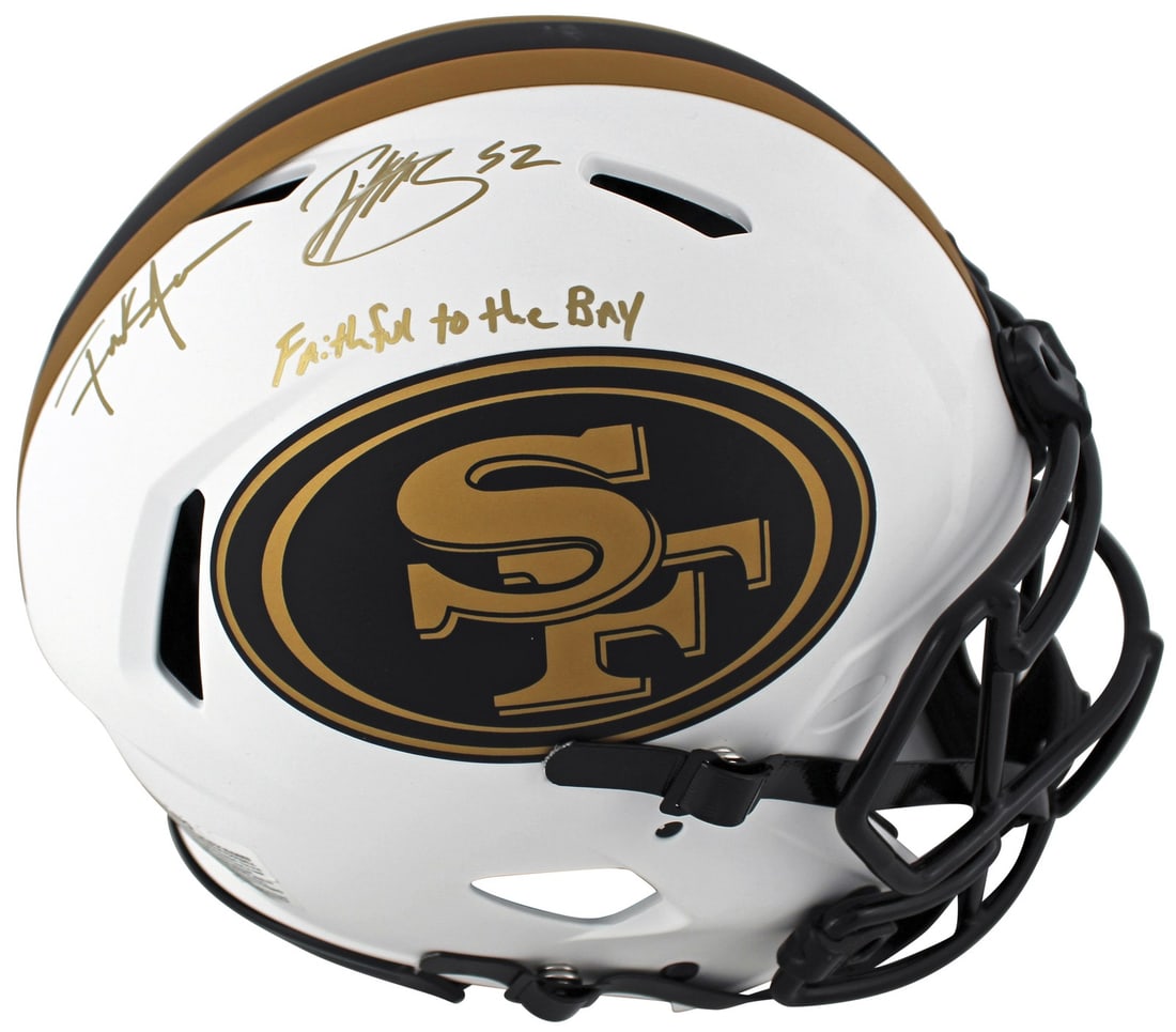 San Francisco 49ers Lunar Helmet Signed by Patrick Willis and Frank Gore BAS Witnessed: San Francisco 49ers Lunar Helmet Signed by Patrick Willis and Frank Gore BAS Witnessed This is an original San Francisco 49ers Lunar Riddell Authentic Full Size Speed Proline Helmet, personally signed