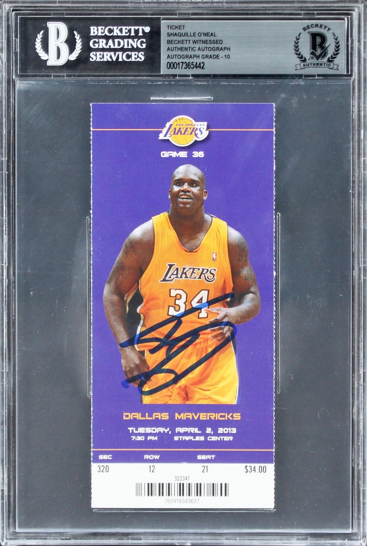 Shaquille O'Neal Signed #34 Retirement Ticket Stub Gem Mint 10 Beckett Authenticated: Shaquille O'Neal Signed #34 Retirement Ticket Stub Gem Mint 10 Beckett Authenticated Celebrate the legacy of Shaquille O'Neal with this autographed ticket stub from his jersey retirement ceremony on A